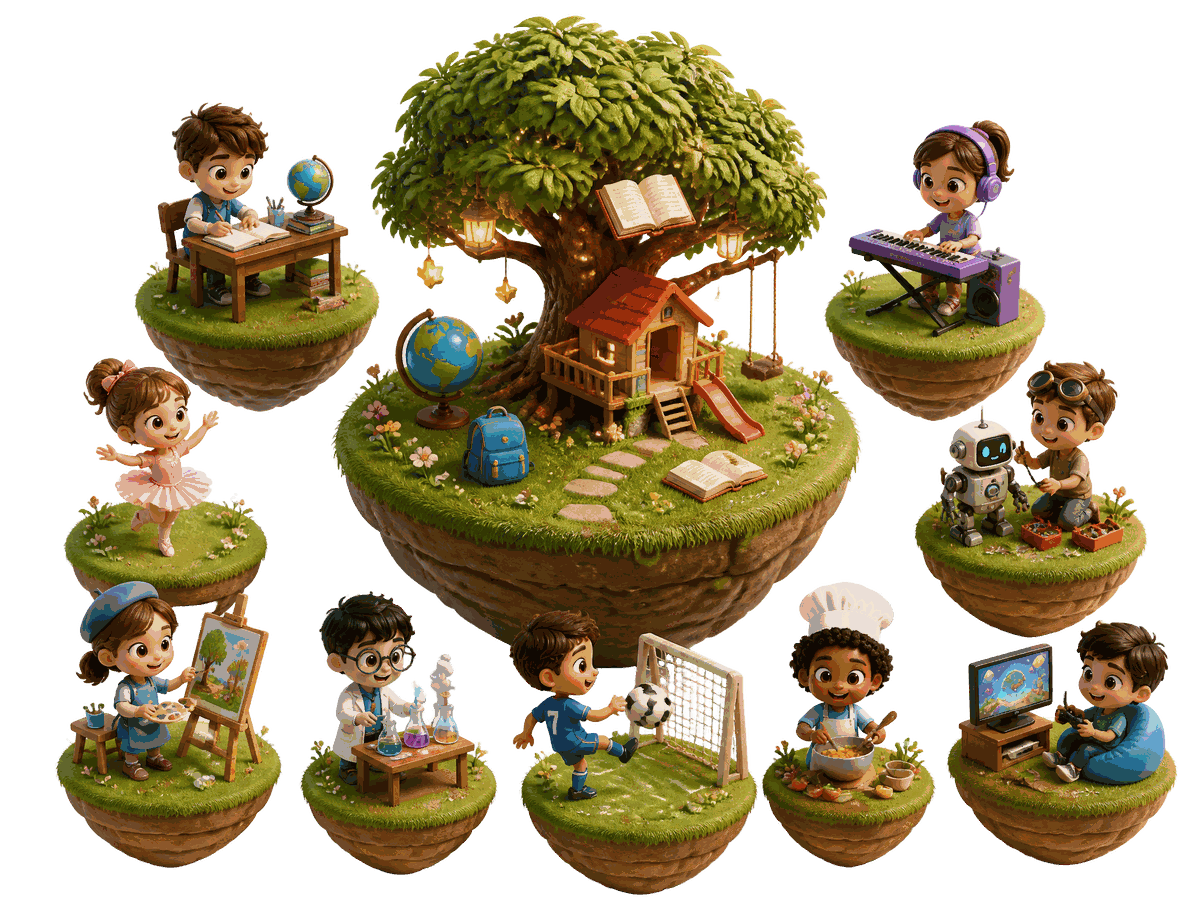 A floating world of tiny islands where children paint, read, code, dance, cook and play football around a treehouse